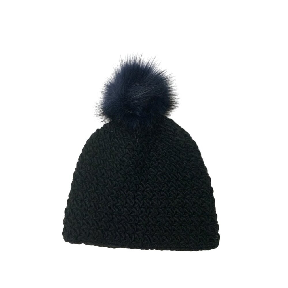 Surell Hand-Knit Black Beanie With Midnight Blue Faux Fox Fur Pom Pom